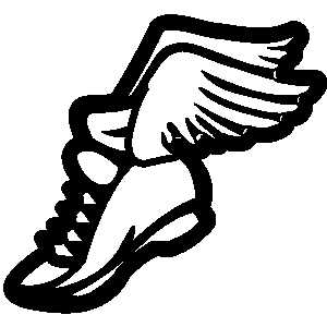 Black-and-white illustration of a running shoe with wings, symbolizing speed and agility.