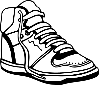 Black-and-white line drawing of a high-top sneaker with laces, lightning bolt detail, and perforated toe.