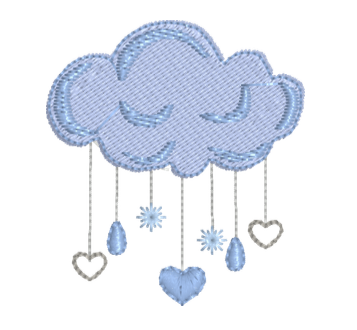 Embroidered blue cloud with closed eyes, hanging hearts, stars, and raindrops in soft pastel tones.