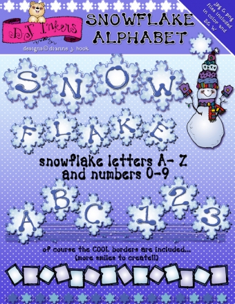 Snowflake Alphabet clipart set with letters A-Z, numbers 0-9, borders, and a smiling snowman on purple polka-dot background.