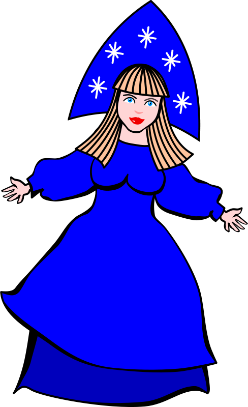 A cartoon-style woman in a blue gown and pointed hat adorned with white stars, arms outstretched.