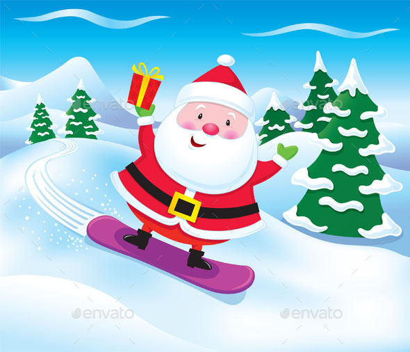 Santa Claus snowboarding down a snowy slope while holding a gift box and waving, with pine trees and mountains in the background.