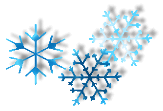 Three stylized blue snowflakes with soft shadows on white background