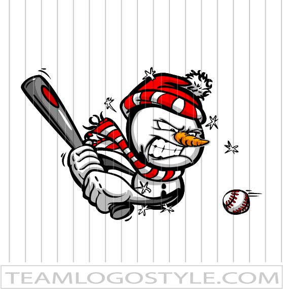 Angry snowman baseball player swinging bat at incoming ball, wearing red-and-white striped hat and scarf.