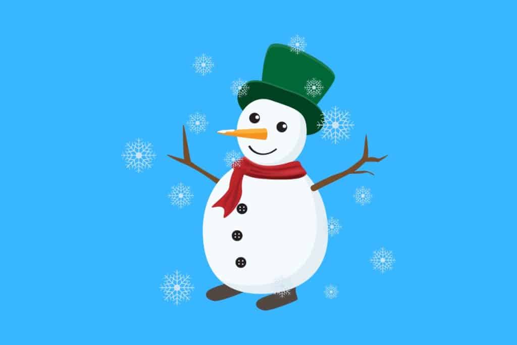Cheerful snowman wearing green top hat and red scarf, surrounded by snowflakes on blue background.