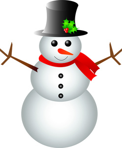 Cheerful snowman wearing a black top hat with holly, red scarf, and carrot nose, arms outstretched.