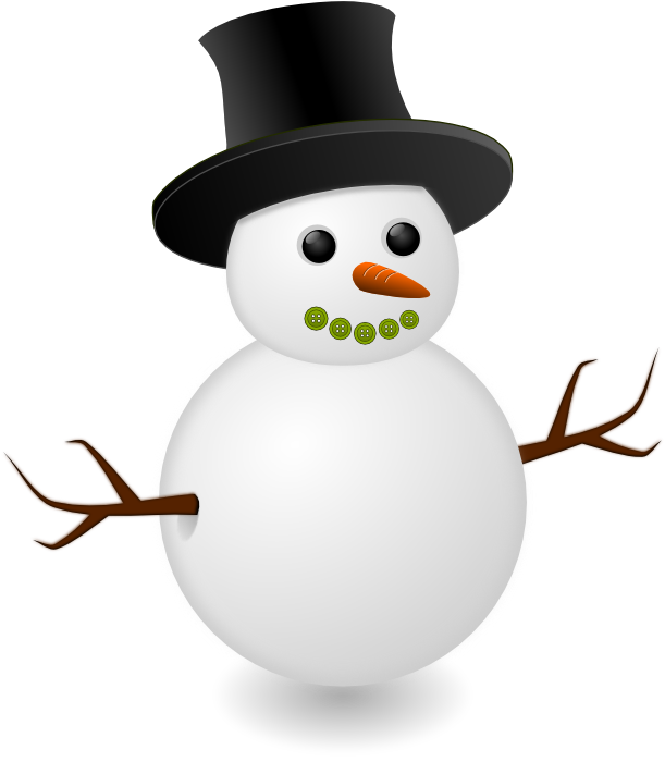 Cheerful snowman wearing a black top hat, carrot nose, green button smile, and twig arms.