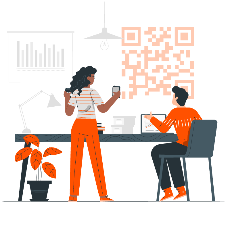Two professionals collaborate at a desk with QR code, bar chart, and documents; one scans with phone, the other gestures toward data.