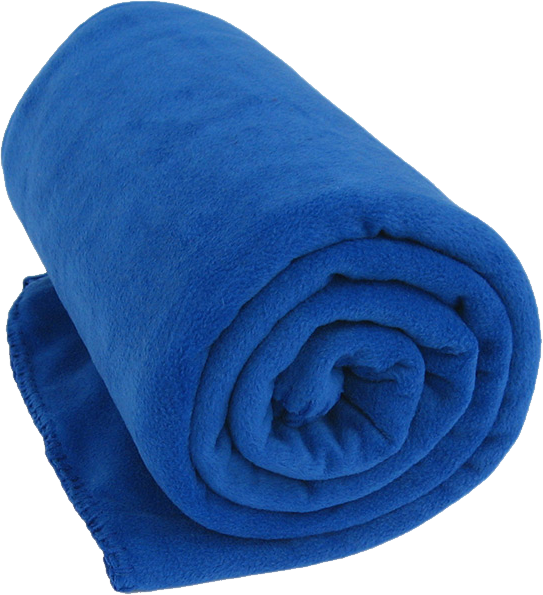 Vibrant royal blue fleece blanket rolled neatly, showcasing soft texture and clean edges against white background.