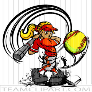Animated girl softball player mid-swing, hitting a yellow ball with motion lines and dynamic pose.