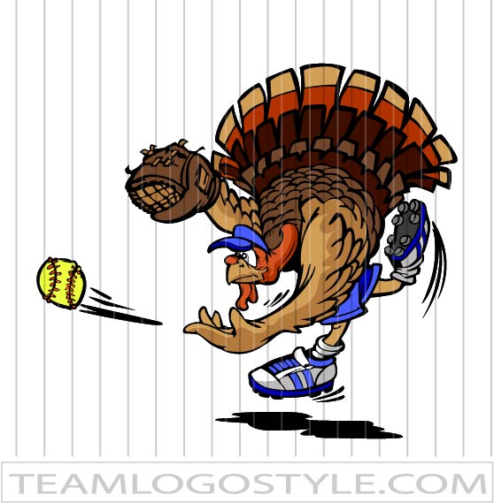 Cartoon turkey in baseball uniform pitching a softball with glove and cleats on lined paper background.