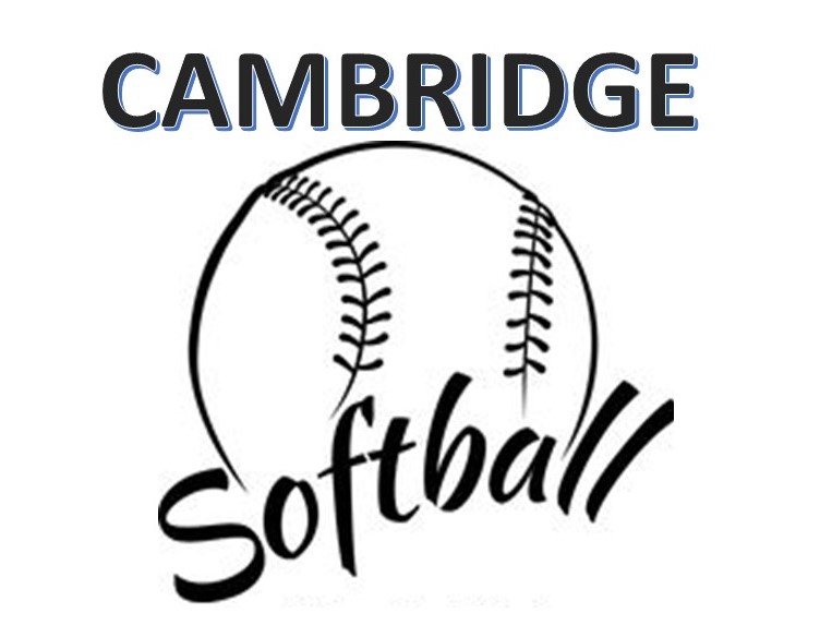 Cambridge Softball logo featuring bold text and a stylized softball with stitching.