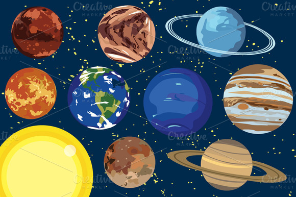 Colorful cartoon-style illustration of the Sun and eight planets of the Solar System against a starry background.