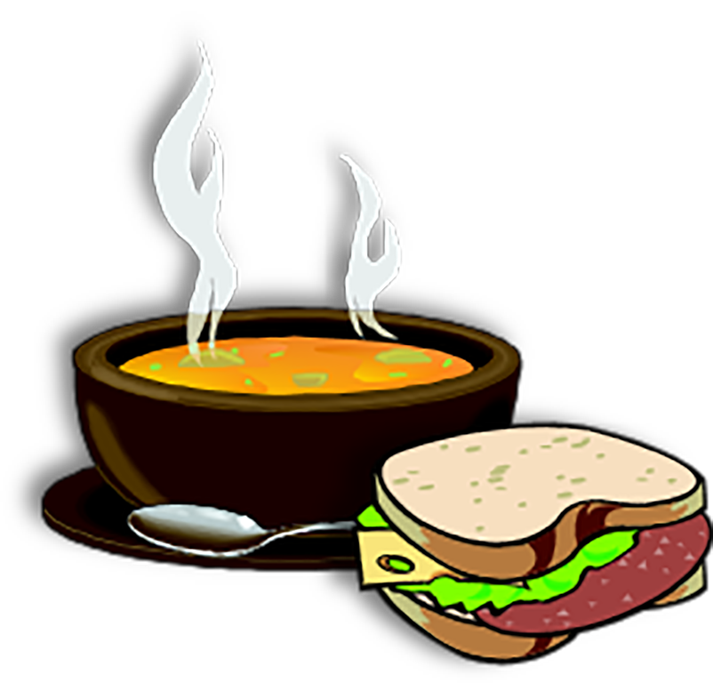 Steaming bowl of orange soup with herbs, a sandwich with lettuce, cheese, and meat, and a spoon on a saucer.
