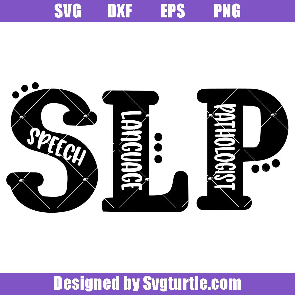 SVG design of "SLP" acronym with "Speech Language Pathologist" inside stylized black letters, decorated with dots and rhinestones.