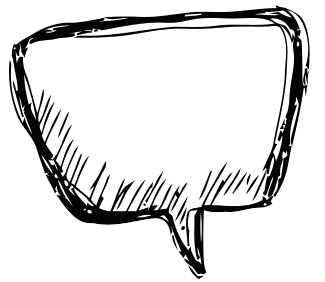 Black speech bubble with white highlights and sketch-style outline, empty interior for text or graphic insertion.