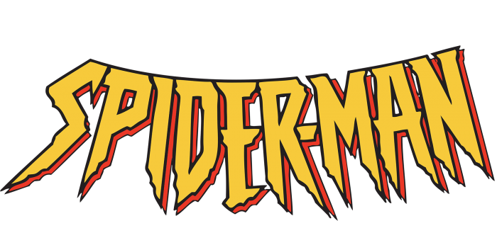 Classic Spider-Man logo in bold yellow with red and black jagged outlines, iconic comic book style.