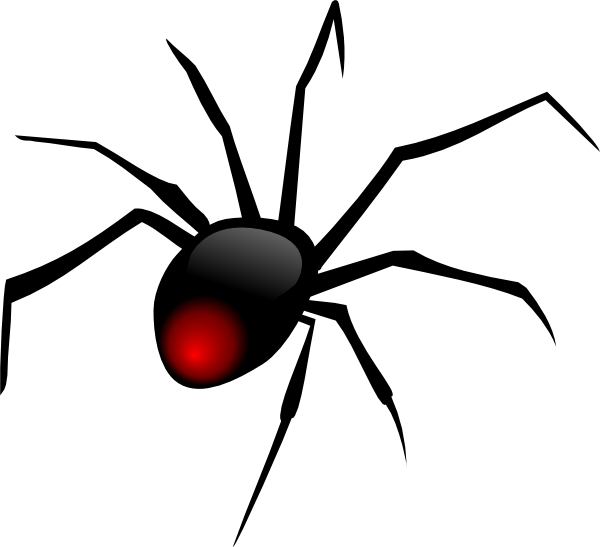 Black spider with a red hourglass marking on its abdomen, stylized vector illustration.