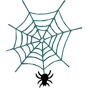A black spider hanging from a teal-colored, symmetrical orb web on a white background.