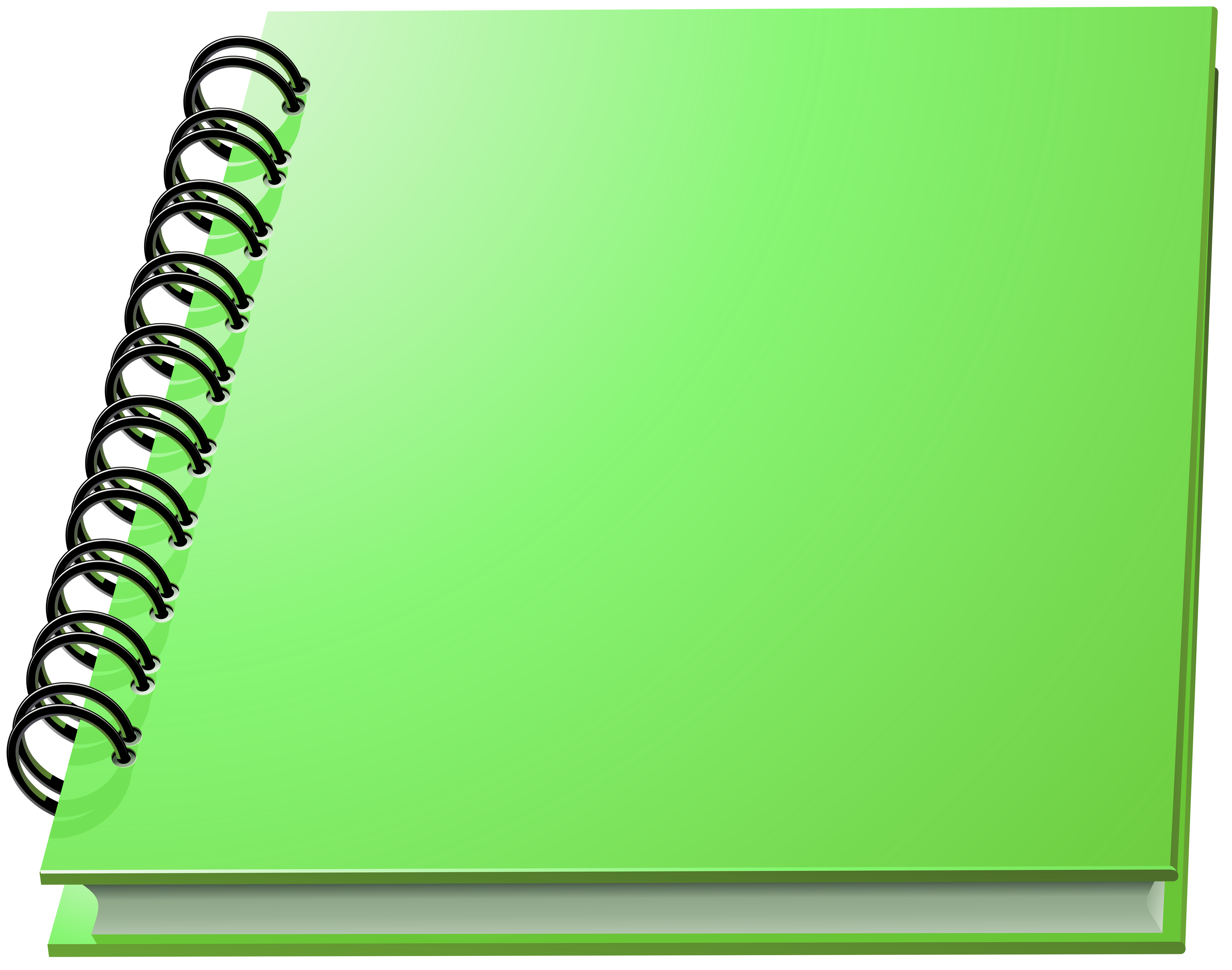 Green spiral-bound notebook open to a blank page, viewed from the side with visible rings and cover.