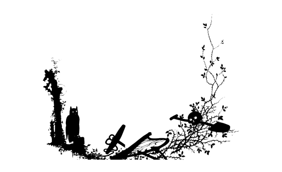 Black-and-white silhouette scene with an owl on a tree stump, scattered tools, and thorny vines framing the composition.