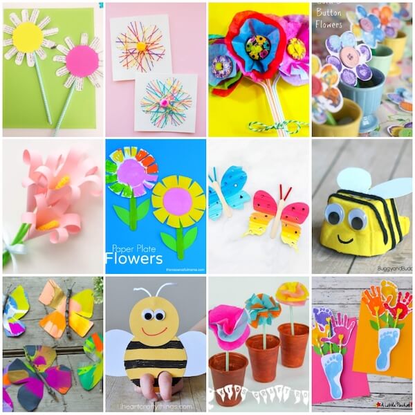Collage of 12 colorful spring-themed kids’ crafts including paper flowers, butterflies, and bee puppets.
