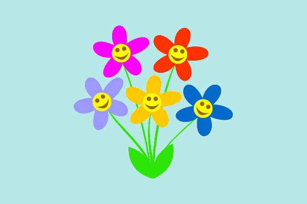 Colorful cartoon flowers with smiling faces on light blue background