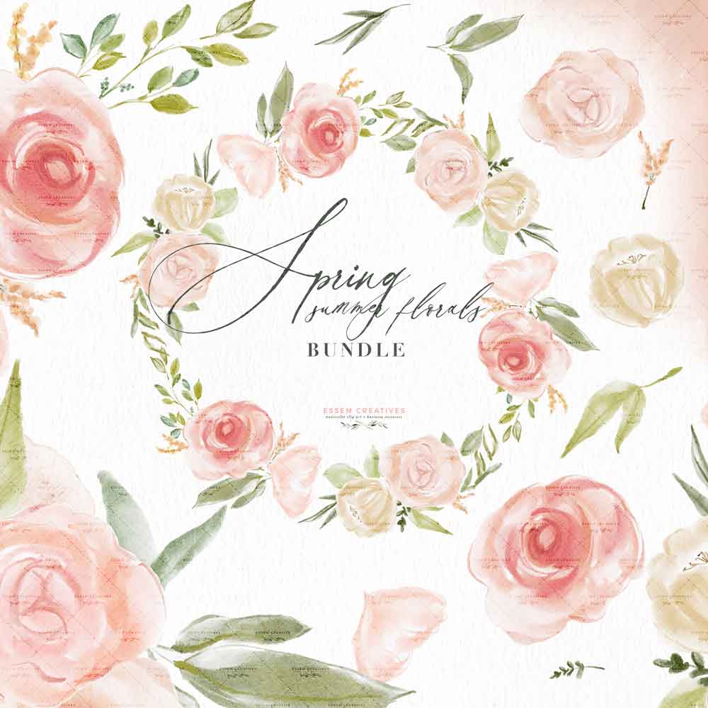Watercolor spring-summer floral bundle with soft pink roses, green leaves, and elegant script text on textured background.