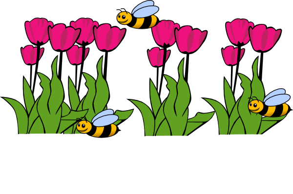 Three cheerful cartoon bees flying and resting among vibrant pink tulips with green leaves against a black background.