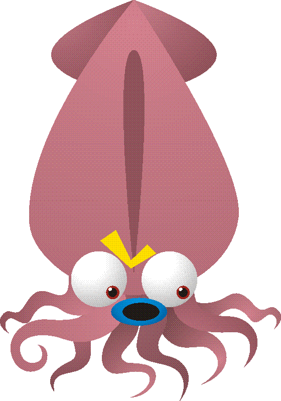 Cartoon squid with large eyes, blue mouth, yellow eyebrow, and swirling tentacles on white background.