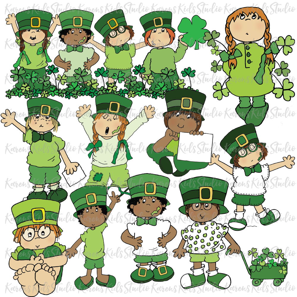 Cheerful cartoon children in green St. Patrick’s Day outfits with shamrocks and leprechaun hats.