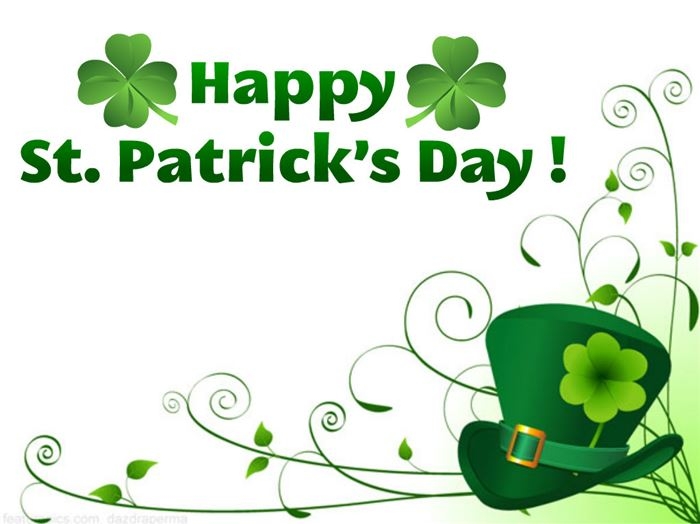 Happy St. Patrick’s Day greeting with green shamrocks, a leprechaun hat, and decorative vines on white background.