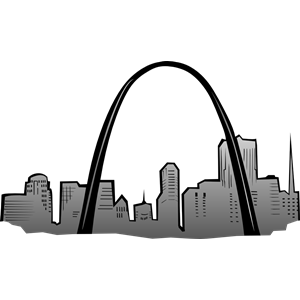 St. Louis skyline featuring the iconic Gateway Arch and downtown buildings in grayscale silhouette.
