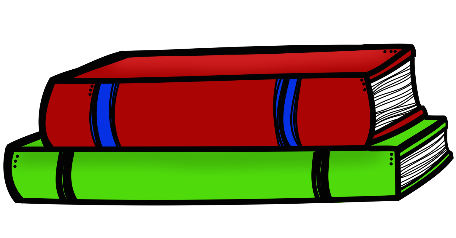 Stack of two illustrated books-red on top with blue spine details, green below-on black background.