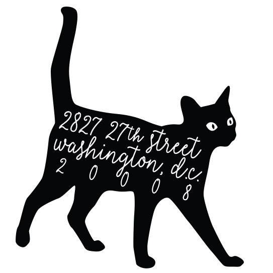 Black cat silhouette with address text inside: "2827 27th Street, Washington, D.C. 20008"