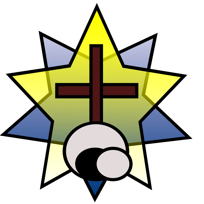 A stylized yellow star with blue points, a brown cross at center, and a yin-yang-inspired emblem below on black background.
