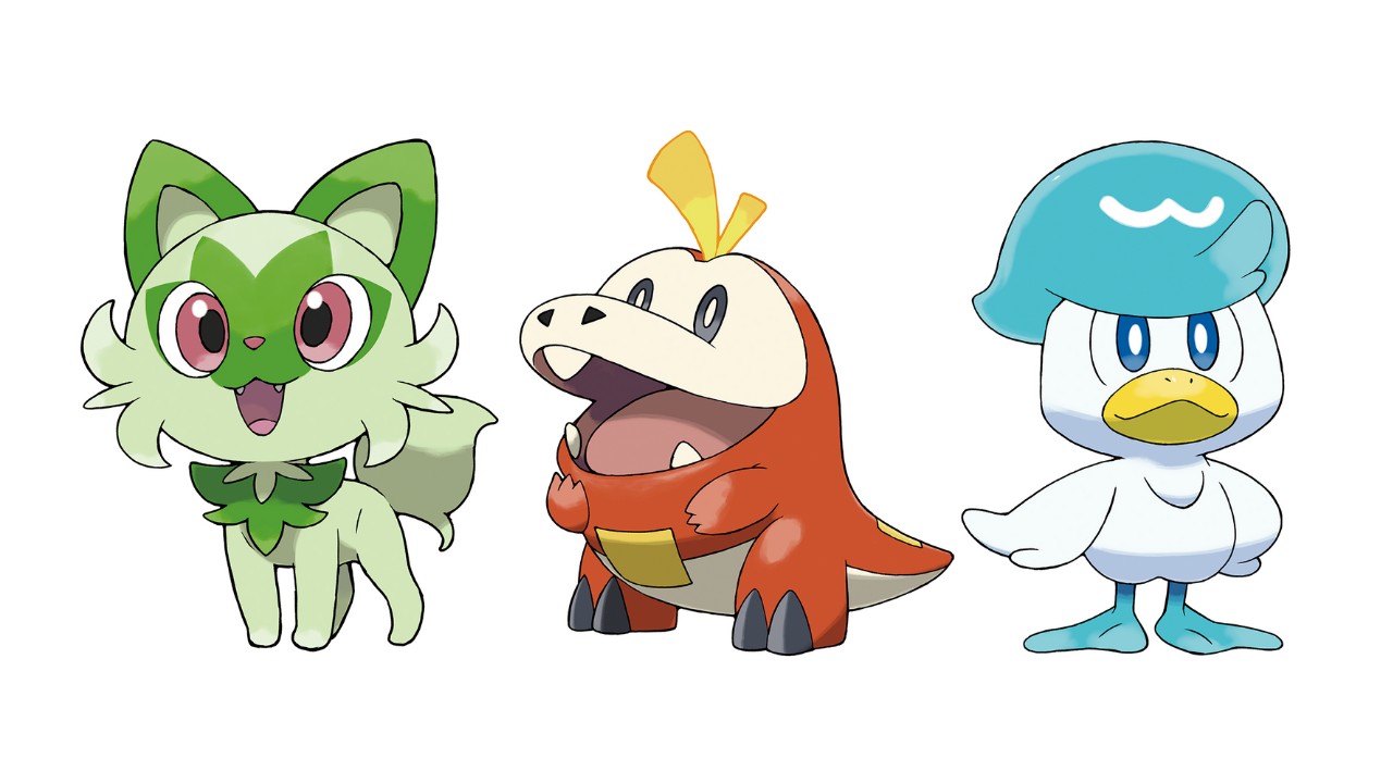 Three colorful Pokémon starters: a green feline, an orange dinosaur-like creature, and a blue duckling.