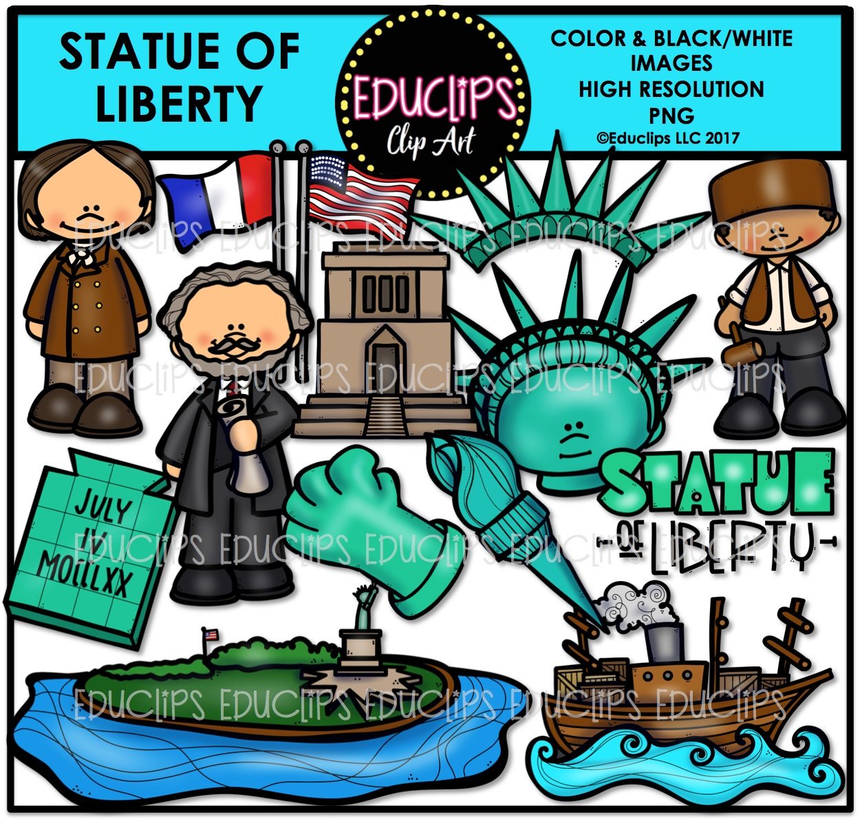 Educational clip art set featuring the Statue of Liberty, historical figures, flags, and related symbols in color and black/white.