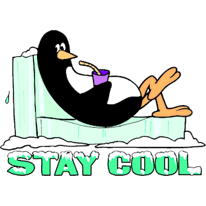 A cartoon penguin lounging on an icy couch, sipping from a purple cup with a straw, under the text "STAY COOL".