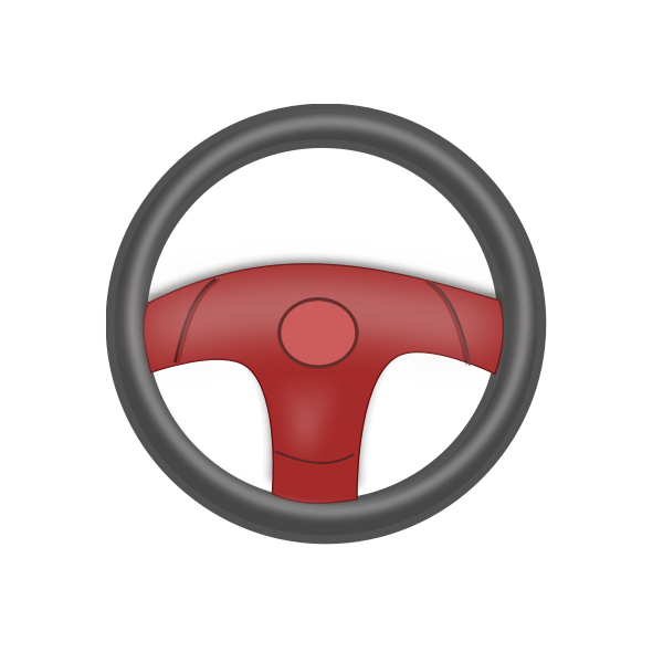 Red three-spoke steering wheel icon with black rim and textured grip, stylized vector illustration.