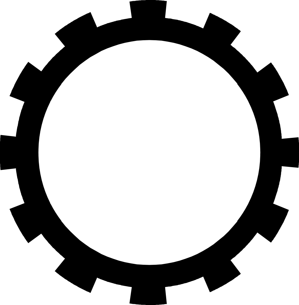 Black gear icon with 12 teeth on white background, symbolizing settings or machinery.