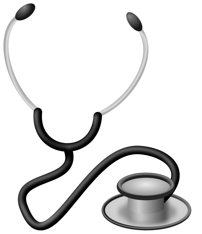 Black and silver stethoscope with chest piece and ear tips on transparent background.