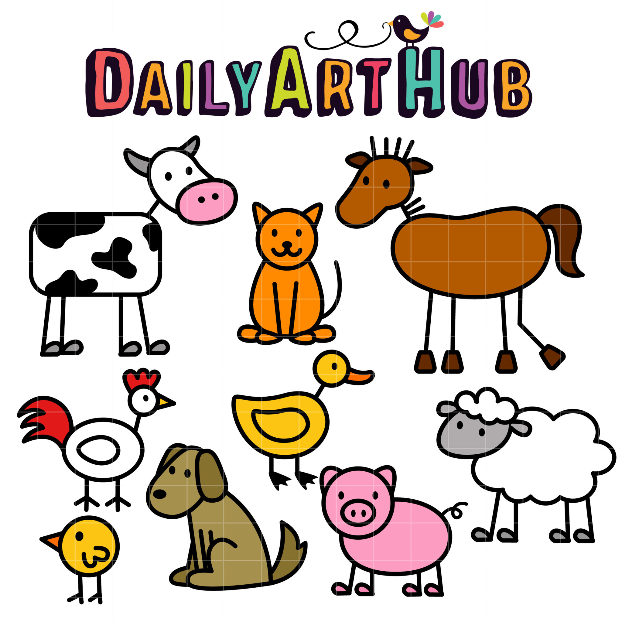 Colorful cartoon farm animals including cow, horse, cat, dog, pig, sheep, duck, rooster, chick, and bird logo for DailyArtHub.