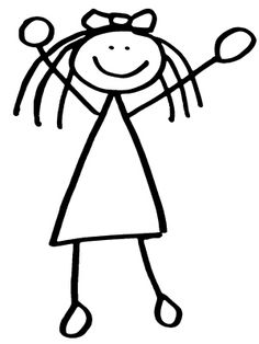 Simple black-and-white stick figure drawing of a smiling girl with pigtails, bow, and raised arms holding circles.