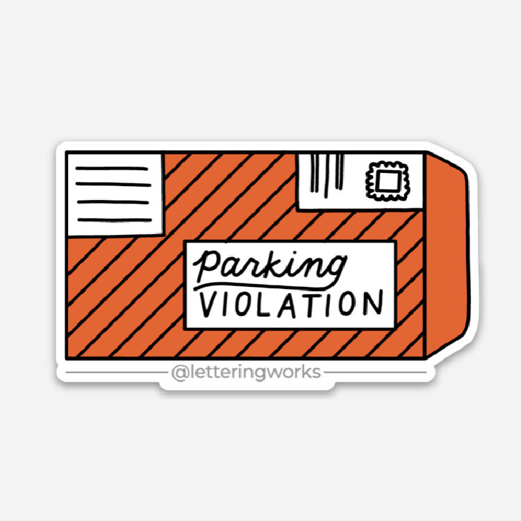 Hand-drawn orange parking violation ticket sticker with bold lettering and barcode details.