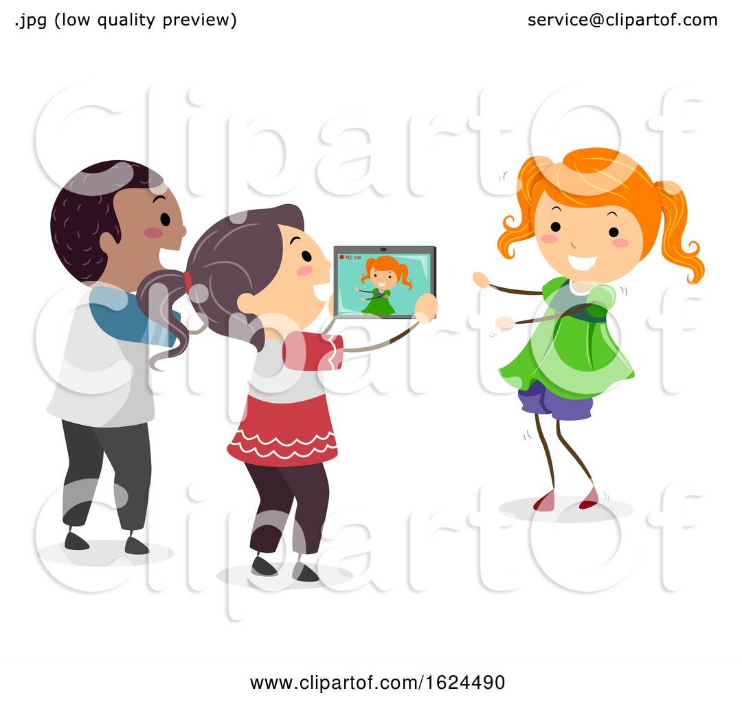 Three diverse children joyfully video chatting with a friend on a tablet; one holds the device while others smile and gesture.