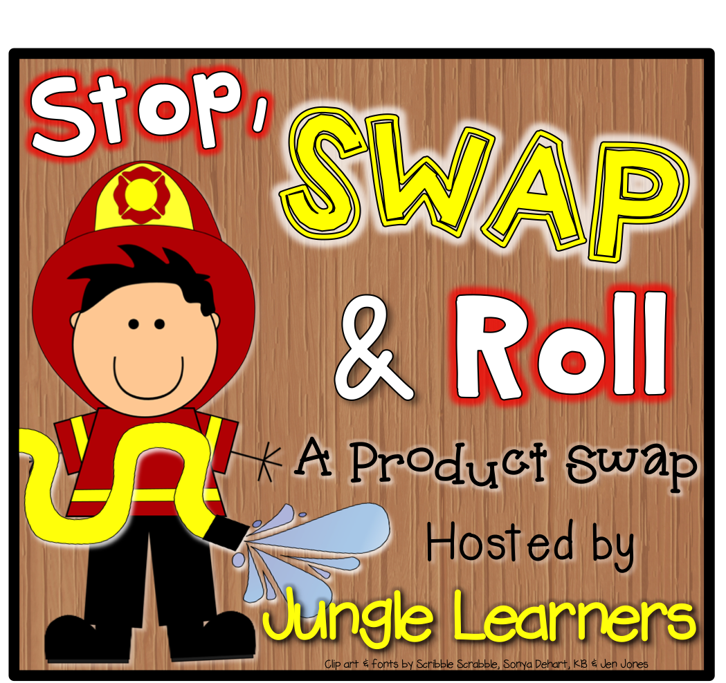 Cartoon firefighter holding hose with "Stop, Swap & Roll" title and Jungle Learners branding on wood background.