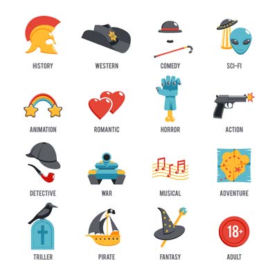 Genre icons including history, western, comedy, sci-fi, animation, romantic, horror, action, detective, war, musical, adventure, thriller, pirate, fantasy, and adult.