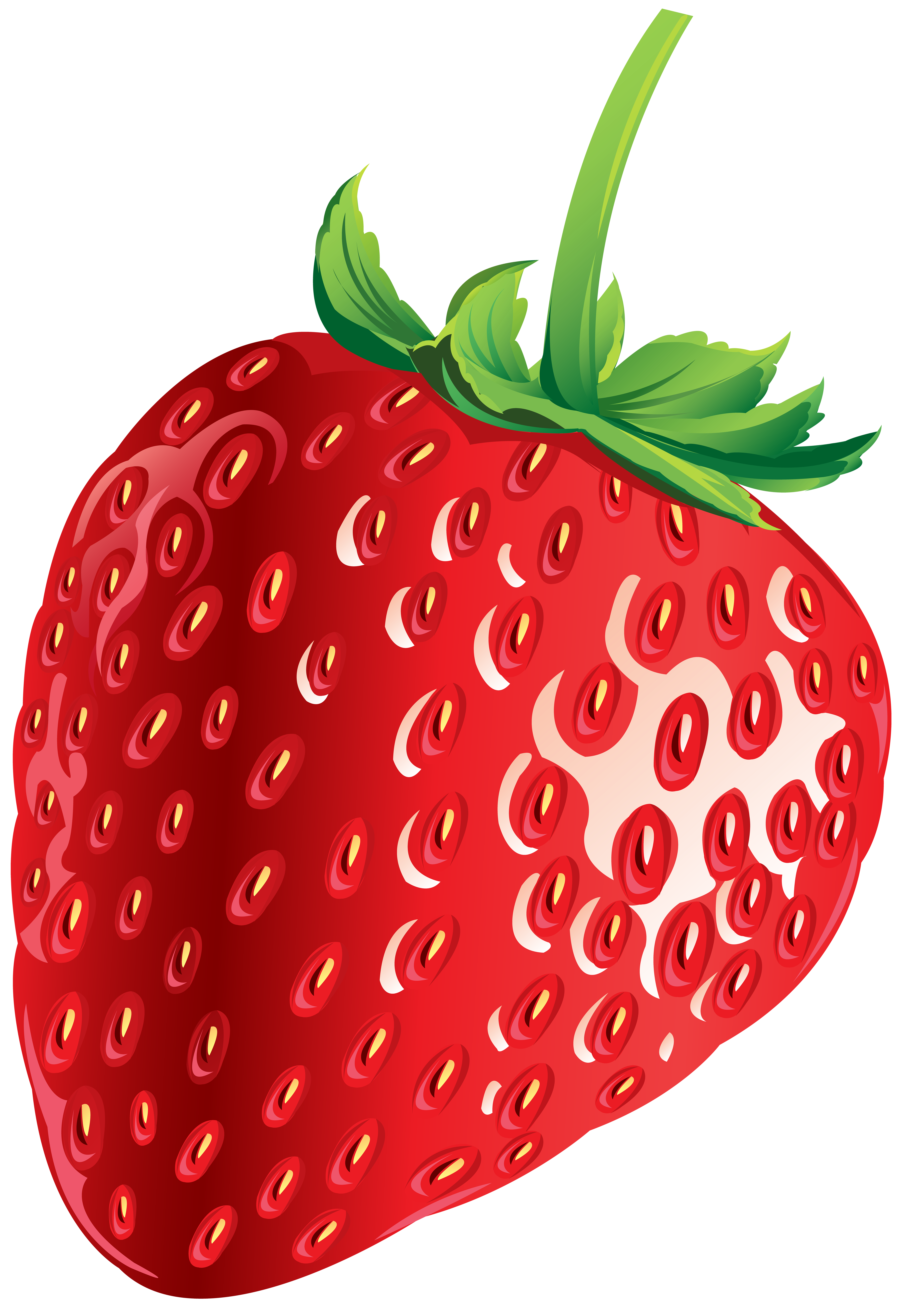 Vibrant red strawberry with green leafy top and visible seeds, illustrated in bold flat design style.