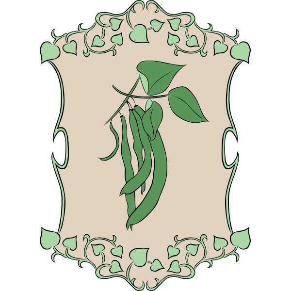 Ornate shield-shaped emblem featuring green bean pods and leaves in Art Nouveau style with heart-motif border.